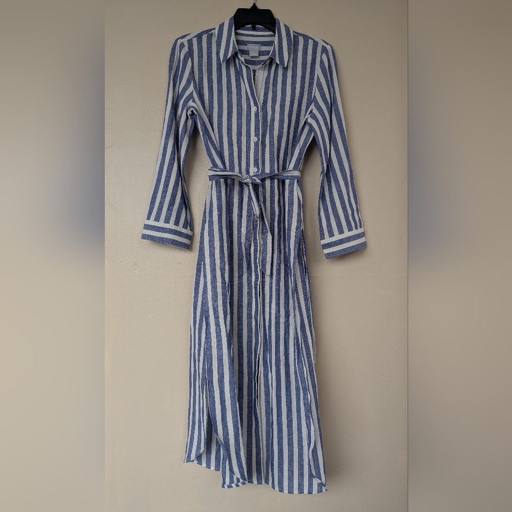 Chico's Linen Maxi Striped Tunic, Stripe Skies, Seafaring Blue & White (SIZE 0)